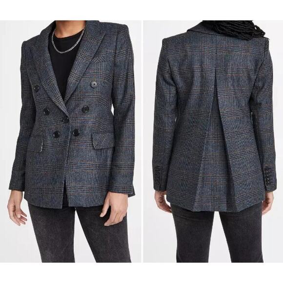 Veronica Beard Yareli Blazer Jacket Wool Glen Plaid Gray Blue Double Breasted 0 - Picture 4 of 9
